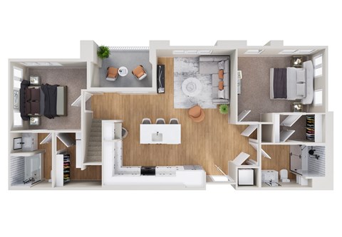 A 3D floor plan of a house with a kitchen, living room, and bedrooms.